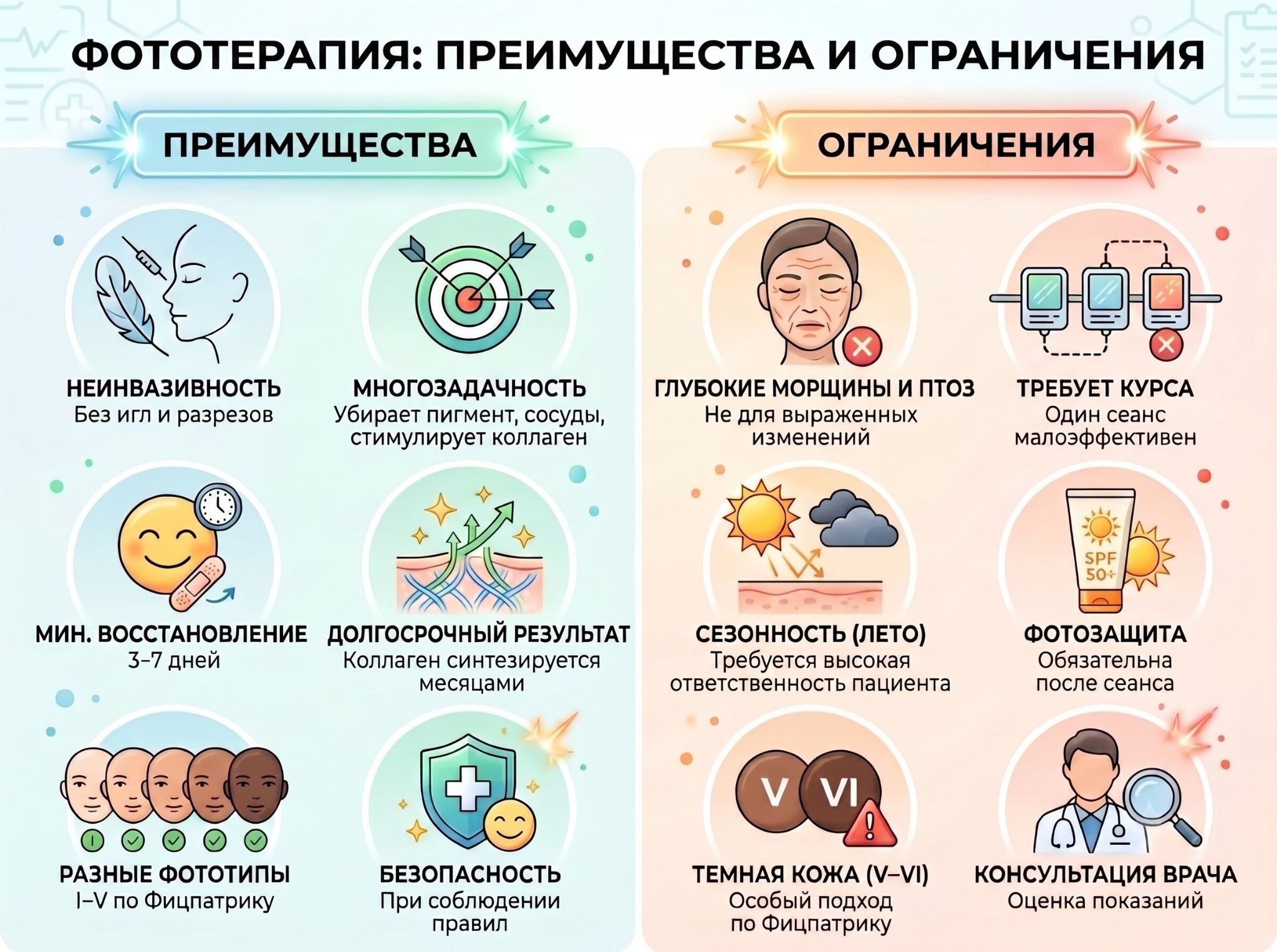 Преимущества и ограничения фототерапии